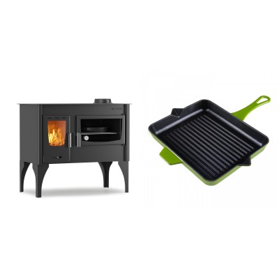 Set Küchenofen / Küchenhexe mit Backofen und Kochplatte Velmora Fire ATS ΜΑSΙΝΑ VERGINA, 10.2kW + Emaillierte grillpfanne Gusseisen Solagio, Bamboo, 26x32cm - Kaminofen - Holzofen mit Backfach