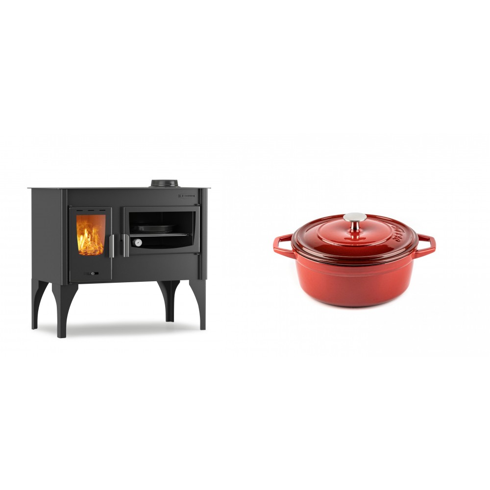 Set Küchenofen / Küchenhexe mit Backofen und Kochplatte Velmora Fire ATS ΜΑSΙΝΑ VERGINA, 10.2kW + Gusseisen Topf Tiefer Solagio, Rubin, Ф12