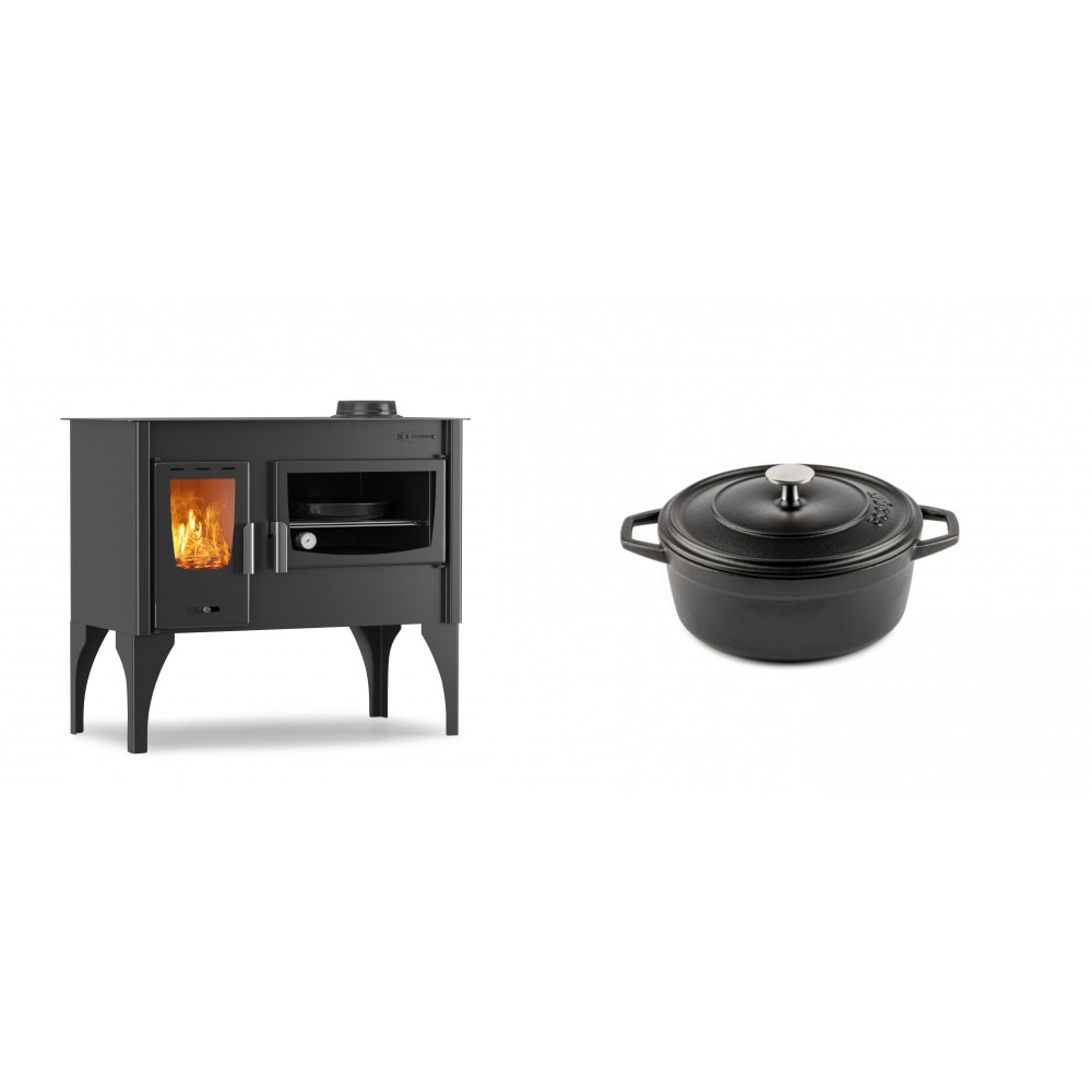 Set Küchenofen / Küchenhexe mit Backofen und Kochplatte Velmora Fire ATS ΜΑSΙΝΑ VERGINA, 10.2kW + Gusseisen Topf Tiefer Solagio, Black Onyx, Ф12