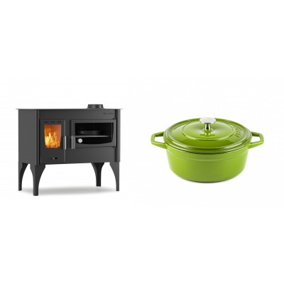 Set Küchenofen / Küchenhexe mit Backofen und Kochplatte Velmora Fire ATS ΜΑSΙΝΑ VERGINA, 10.2kW + Gusseisen Topf Tiefer Solagio, Bamboo, Ф20 - Kaminofen - Holzofen mit Backfach