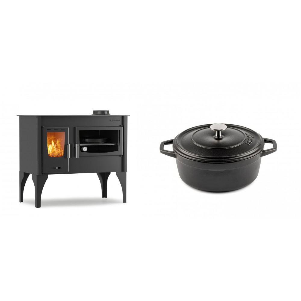 Set Küchenofen / Küchenhexe mit Backofen und Kochplatte Velmora Fire ATS ΜΑSΙΝΑ VERGINA, 10.2kW + Gusseisen Topf Tiefer Solagio, Black Onyx, Ф20