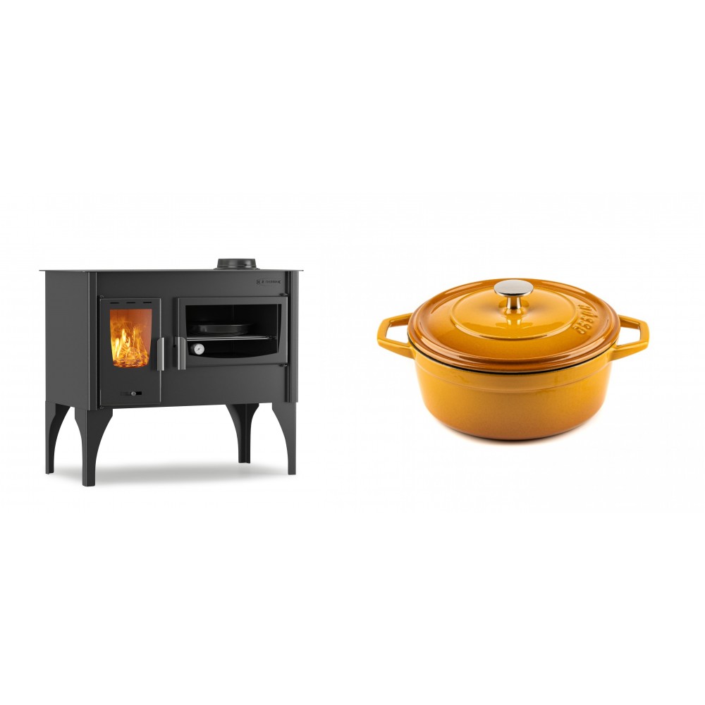 Set Küchenofen / Küchenhexe mit Backofen und Kochplatte Velmora Fire ATS ΜΑSΙΝΑ VERGINA, 10.2kW + Gusseisen Topf Tiefer Solagio, Dijon, Ф20