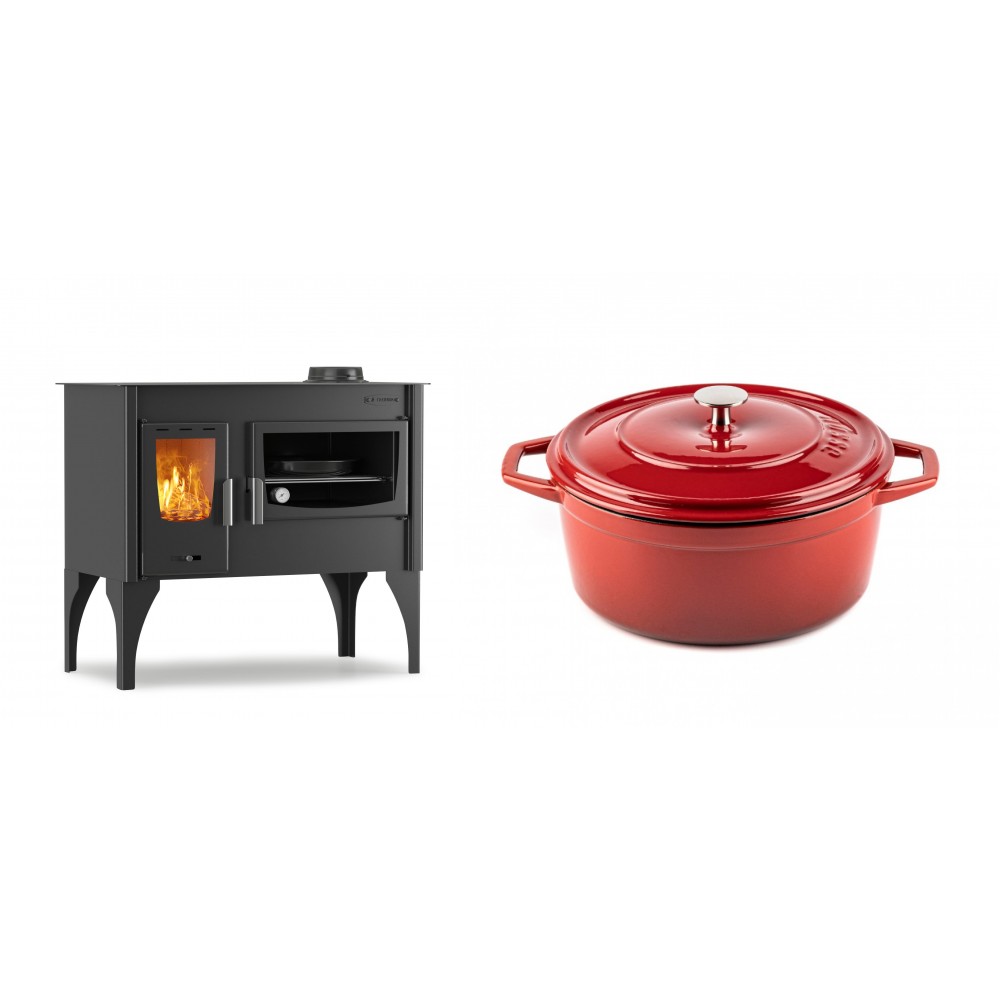 Set Küchenofen / Küchenhexe mit Backofen und Kochplatte Velmora Fire ATS ΜΑSΙΝΑ VERGINA, 10.2kW + Gusseisen Topf Tiefer Solagio, Rubin, Ф24