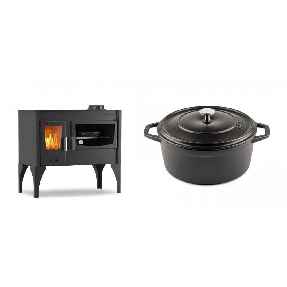 Set Küchenofen / Küchenhexe mit Backofen und Kochplatte Velmora Fire ATS ΜΑSΙΝΑ VERGINA, 10.2kW + Gusseisen Topf Tiefer Solagio, Black Onyx, Ф24 | Holzofen | Kaminofen |