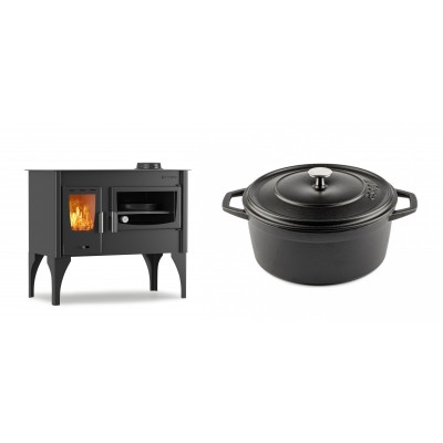 Set Küchenofen / Küchenhexe mit Backofen und Kochplatte Velmora Fire ATS ΜΑSΙΝΑ VERGINA, 10.2kW + Gusseisen Topf Tiefer Solagio, Black Onyx, Ф24 - Kaminofen - Holzofen mit Backfach