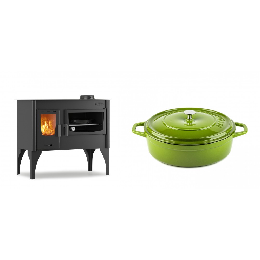 Set Küchenofen / Küchenhexe mit Backofen und Kochplatte Velmora Fire ATS ΜΑSΙΝΑ VERGINA, 10.2kW + Gusseisen Topf Flach Solagio, Bamboo, Ф26 | Holzofen | Kaminofen |