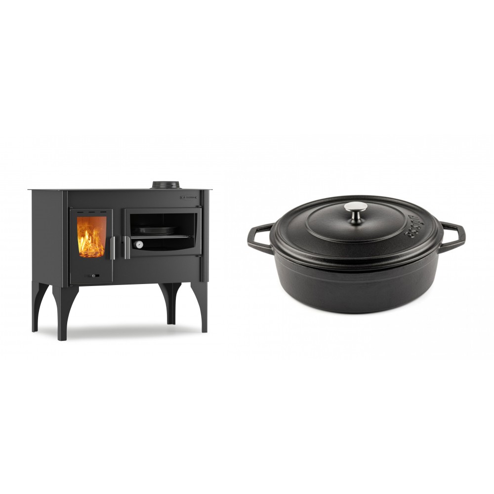 Set Küchenofen / Küchenhexe mit Backofen und Kochplatte Velmora Fire ATS ΜΑSΙΝΑ VERGINA, 10.2kW + Gusseisen Topf Flach Solagio, Black Onyx, Ф26