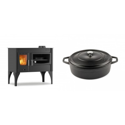 Set Küchenofen / Küchenhexe mit Backofen und Kochplatte Velmora Fire ATS ΜΑSΙΝΑ VERGINA, 10.2kW + Gusseisen Topf Flach Solagio, Black Onyx, Ф26 - Kaminofen - Holzofen mit Backfach