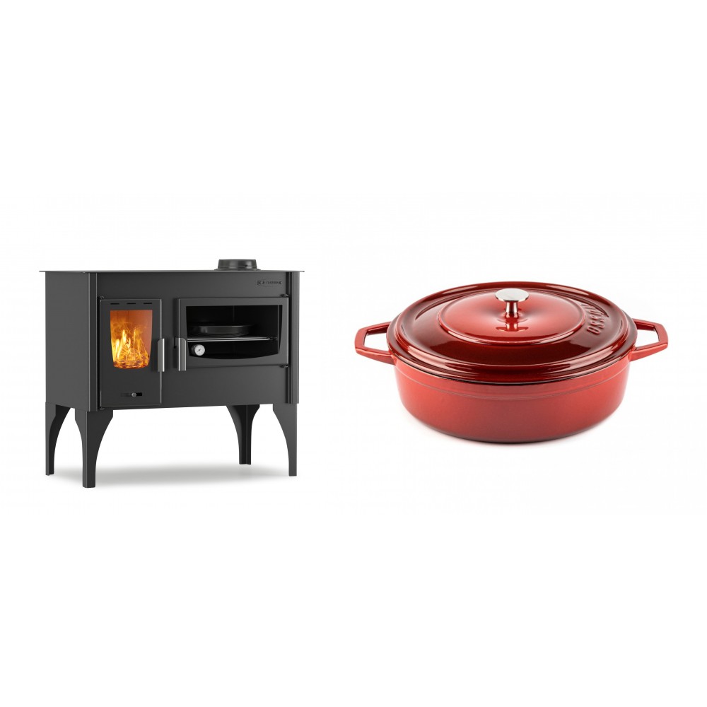 Set Küchenofen / Küchenhexe mit Backofen und Kochplatte Velmora Fire ATS ΜΑSΙΝΑ VERGINA, 10.2kW + Gusseisen Topf Flach Solagio, Rubin, Ф26 | Holzofen | Kaminofen |