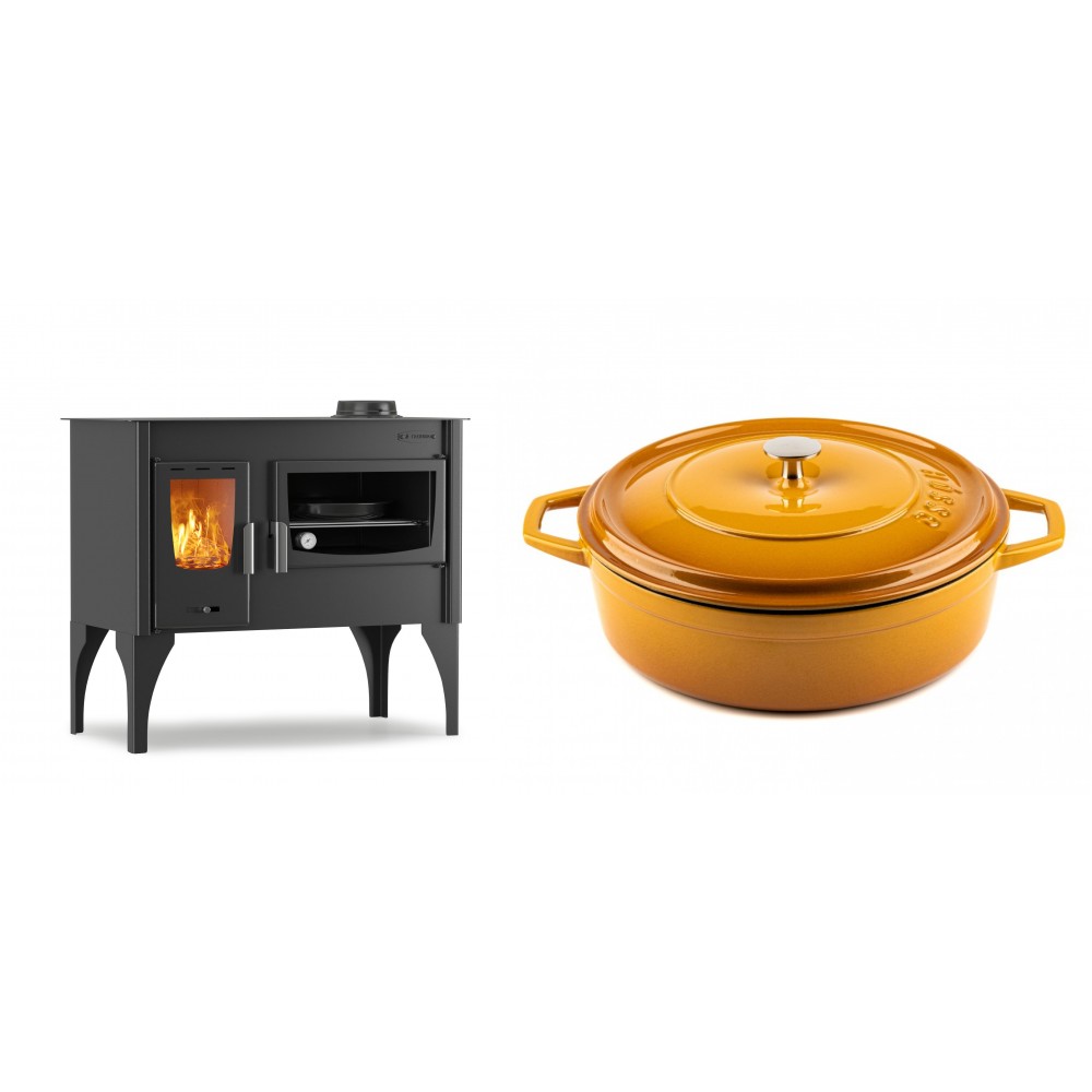 Set Küchenofen / Küchenhexe mit Backofen und Kochplatte Velmora Fire ATS ΜΑSΙΝΑ VERGINA, 10.2kW + Gusseisen Topf Flach Solagio, Dijon, Ф28 | Holzofen | Kaminofen |