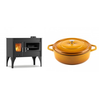 Set Küchenofen / Küchenhexe mit Backofen und Kochplatte Velmora Fire ATS ΜΑSΙΝΑ VERGINA, 10.2kW + Gusseisen Topf Flach Solagio, Dijon, Ф28 - Kaminofen - Holzofen mit Backfach