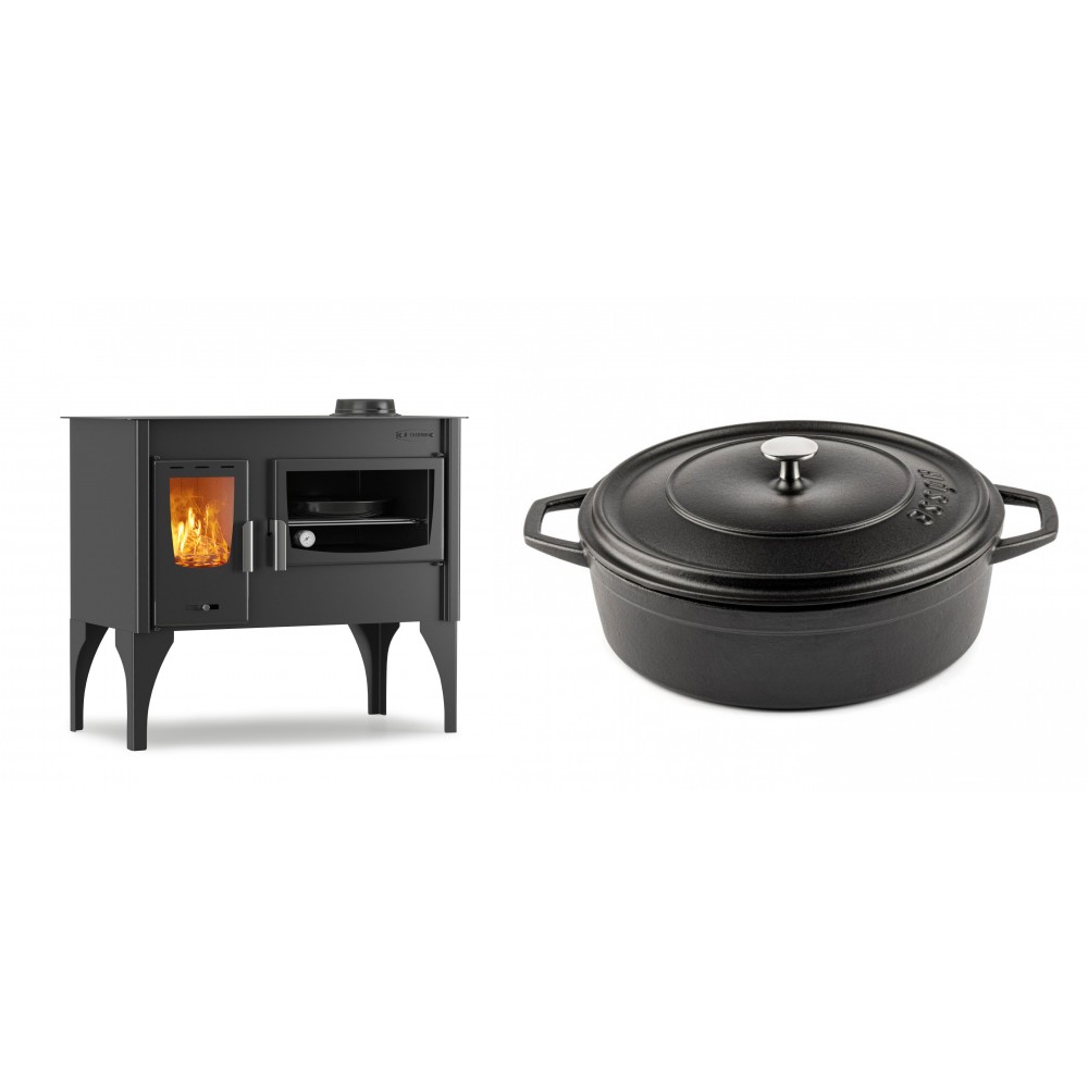 Set Küchenofen / Küchenhexe mit Backofen und Kochplatte Velmora Fire ATS ΜΑSΙΝΑ VERGINA, 10.2kW + Gusseisen Topf Flach Solagio, Black Onyx, Ф28 | Holzofen | Kaminofen |