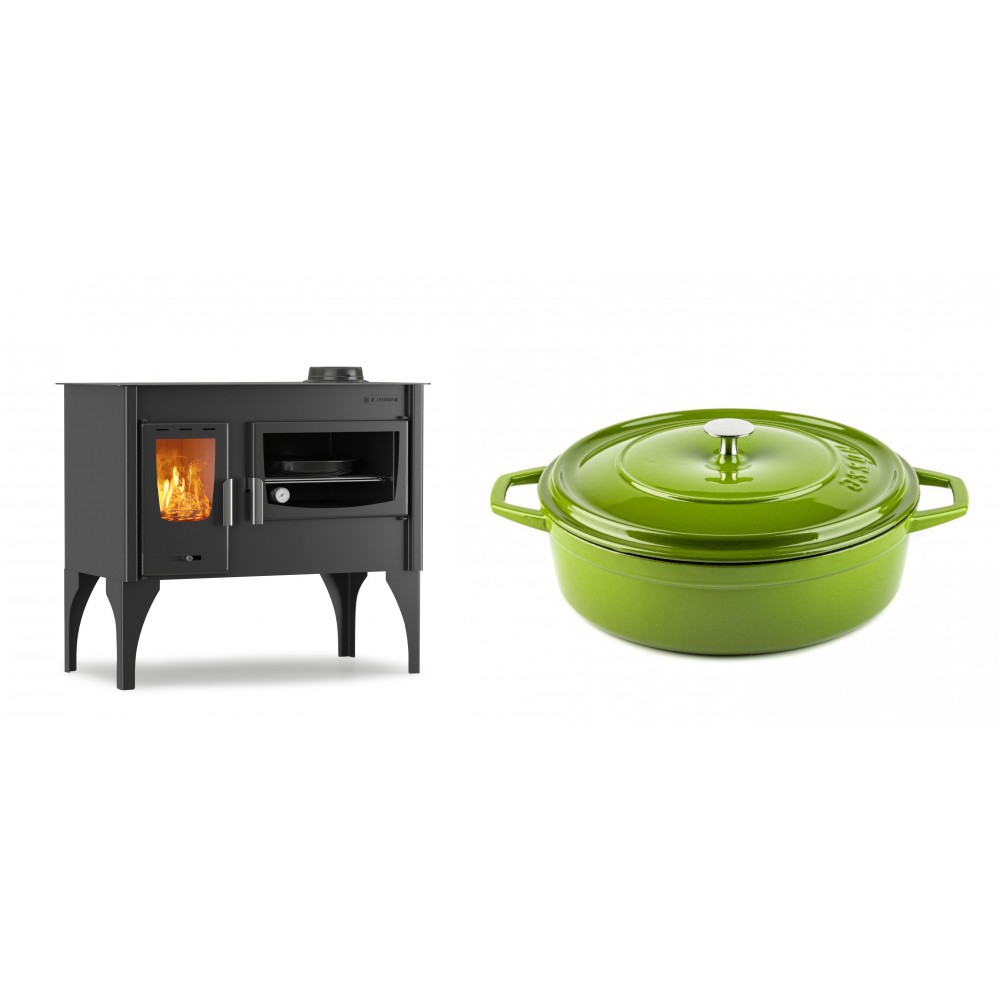 Set Küchenofen / Küchenhexe mit Backofen und Kochplatte Velmora Fire ATS ΜΑSΙΝΑ VERGINA, 10.2kW + Gusseisen Topf Flach Solagio, Bamboo, Ф28 | Holzofen | Kaminofen |