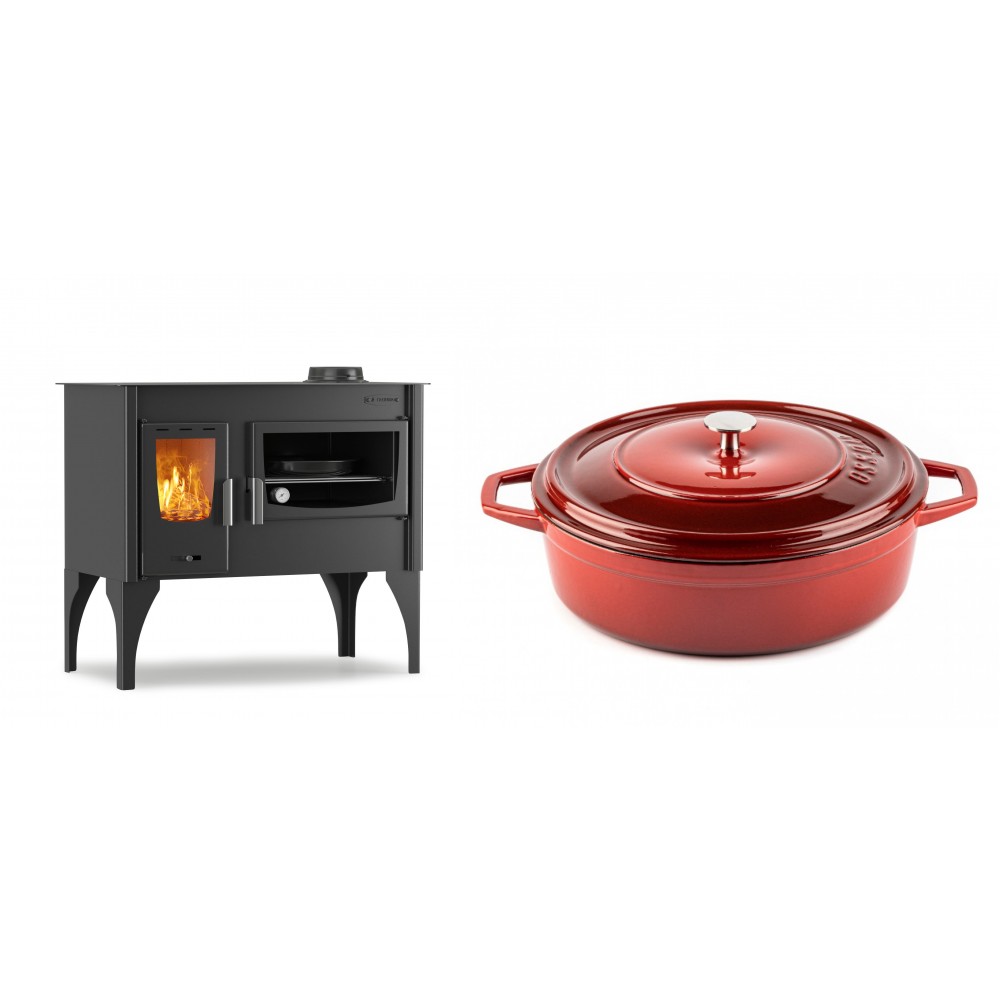 Set Küchenofen / Küchenhexe mit Backofen und Kochplatte Velmora Fire ATS ΜΑSΙΝΑ VERGINA, 10.2kW + Gusseisen Topf Flach Solagio, Rubin, Ф28 | Holzofen | Kaminofen |