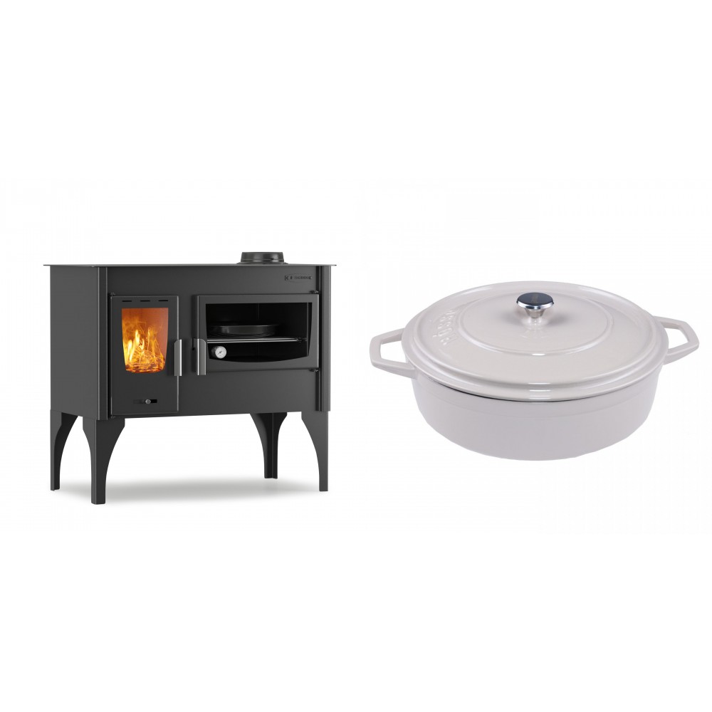 Set Küchenofen / Küchenhexe mit Backofen und Kochplatte Velmora Fire ATS ΜΑSΙΝΑ VERGINA, 10.2kW + Gusseisen Topf Flach Solagio, Ivory, Ф28