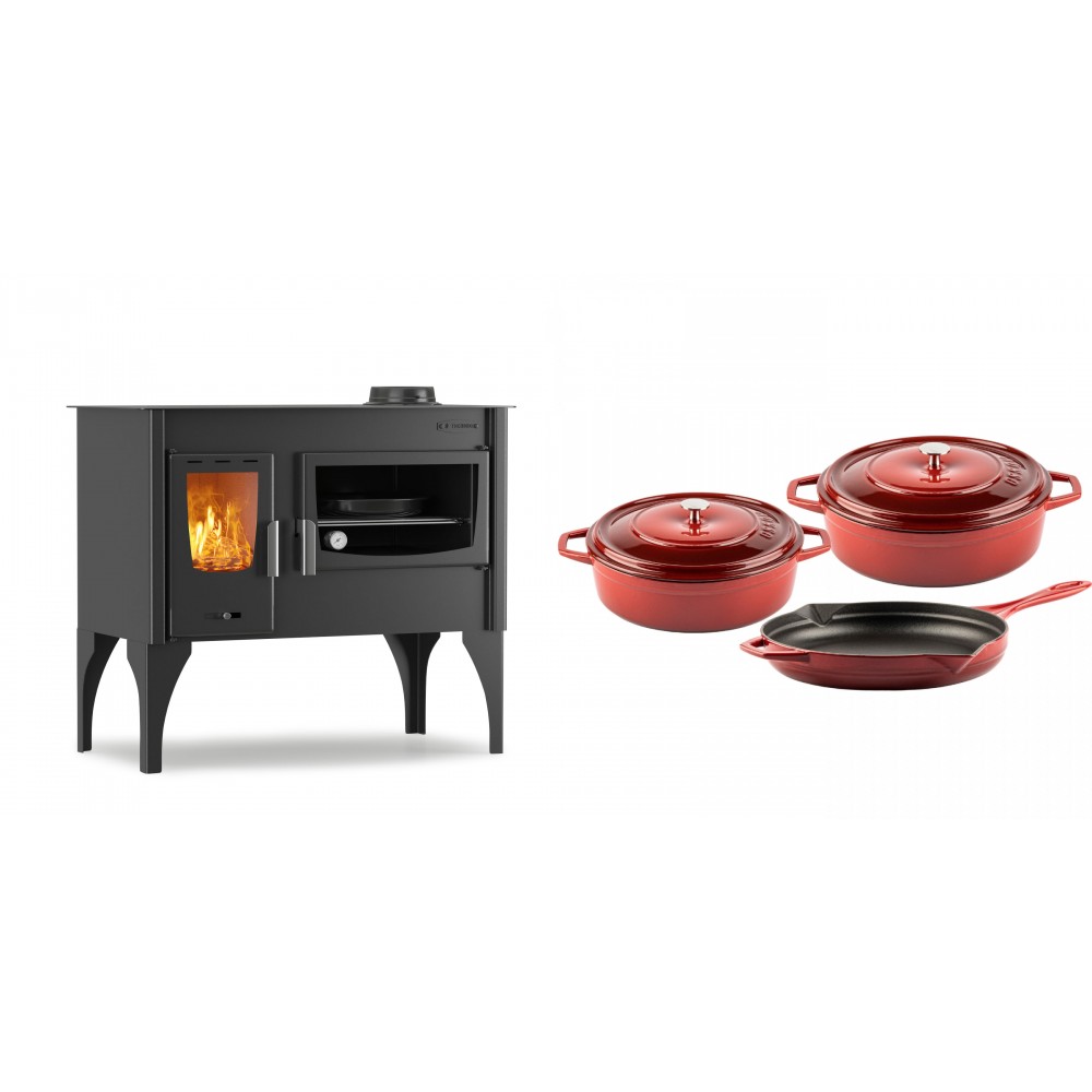 Set Küchenofen / Küchenhexe mit Backofen und Kochplatte Velmora Fire ATS ΜΑSΙΝΑ VERGINA, 10.2kW + Gusseisen Topf Set aus 3 teilen Solagio, Rubin
