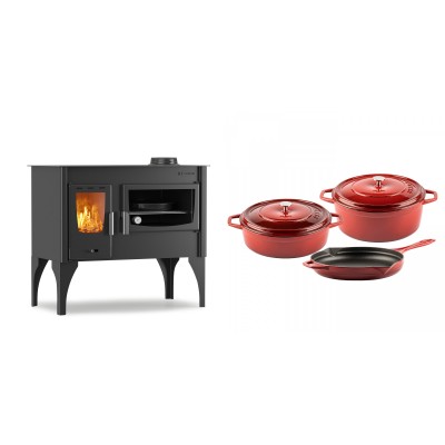 Set Küchenofen / Küchenhexe mit Backofen und Kochplatte Velmora Fire ATS ΜΑSΙΝΑ VERGINA, 10.2kW + Gusseisen Topf Set aus 3 teilen Solagio, Rubin - Kaminofen - Holzofen mit Backfach