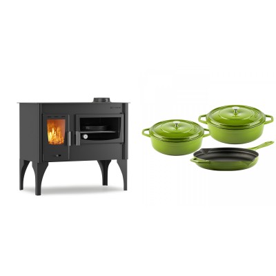 Set Küchenofen / Küchenhexe mit Backofen und Kochplatte Velmora Fire ATS ΜΑSΙΝΑ VERGINA, 10.2kW + Gusseisen Topf Set aus 3 teilen Solagio, Bamboo - Kaminofen - Holzofen mit Backfach