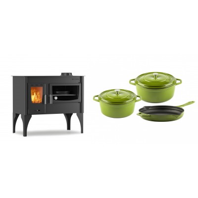 Set Küchenofen / Küchenhexe mit Backofen und Kochplatte Velmora Fire ATS ΜΑSΙΝΑ VERGINA, 10.2kW + Gusseisen Topf Set aus 3 teilen Solagio, Bamboo - Kaminofen - Holzofen mit Backfach