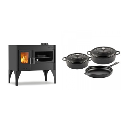 Set Küchenofen / Küchenhexe mit Backofen und Kochplatte Velmora Fire ATS ΜΑSΙΝΑ VERGINA, 10.2kW + Gusseisen Topf Set aus 3 teilen Solagio, Black Onyx - Kaminofen - Holzofen mit Backfach