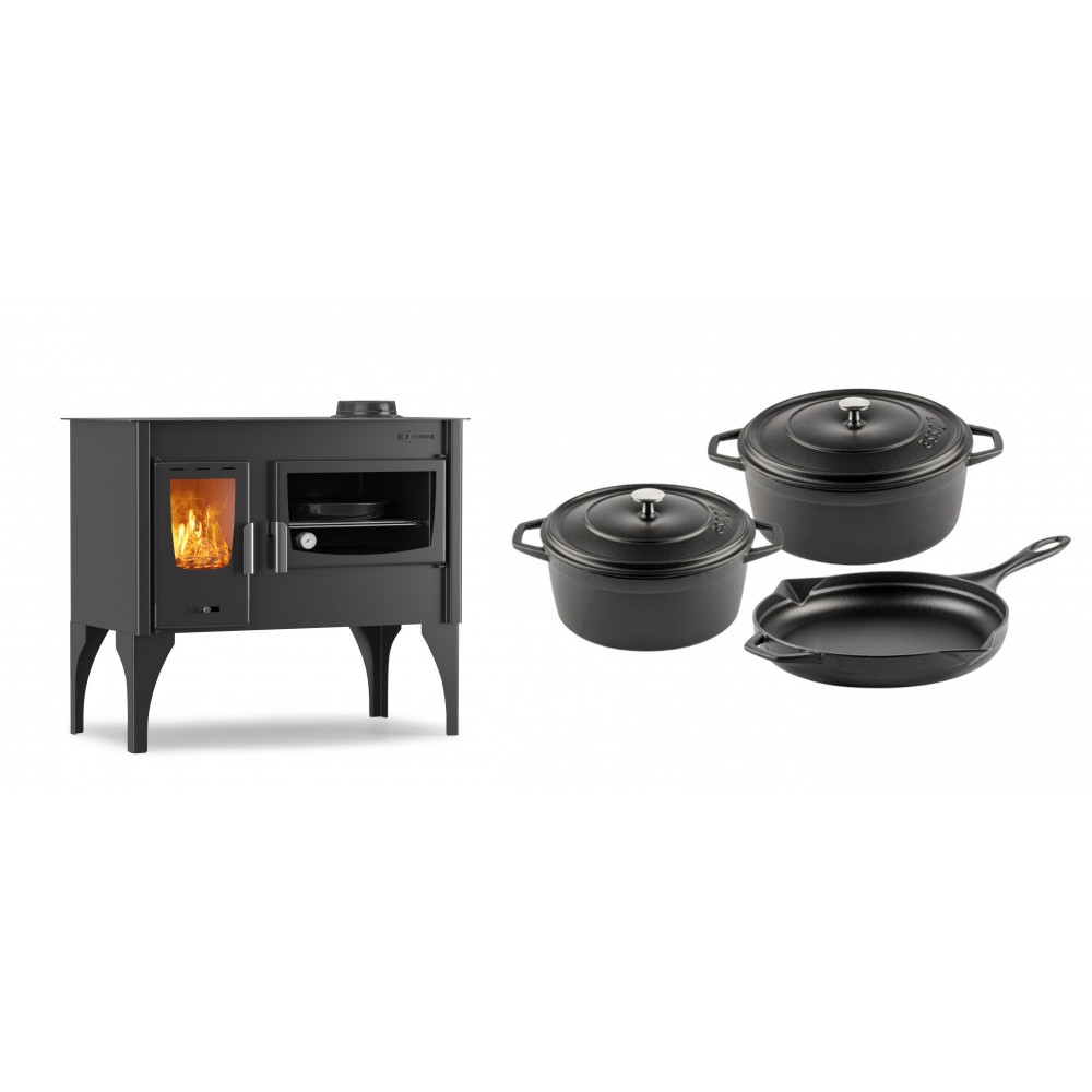Set Küchenofen / Küchenhexe mit Backofen und Kochplatte Velmora Fire ATS ΜΑSΙΝΑ VERGINA, 10.2kW + Gusseisen Topf Set aus 3 teilen Solagio, Black Onyx | Holzofen | Kaminofen |
