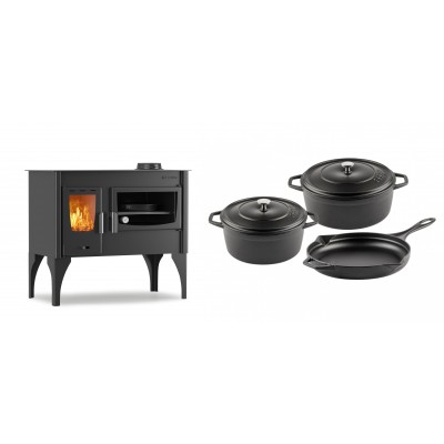 Set Küchenofen / Küchenhexe mit Backofen und Kochplatte Velmora Fire ATS ΜΑSΙΝΑ VERGINA, 10.2kW + Gusseisen Topf Set aus 3 teilen Solagio, Black Onyx - Kaminofen - Holzofen mit Backfach