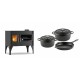 Set Küchenofen / Küchenhexe mit Backofen und Kochplatte Velmora Fire ATS ΜΑSΙΝΑ VERGINA, 10.2kW + Gusseisen Topf Set aus 3 teilen Solagio, Black Onyx | Holzofen | Kaminofen |