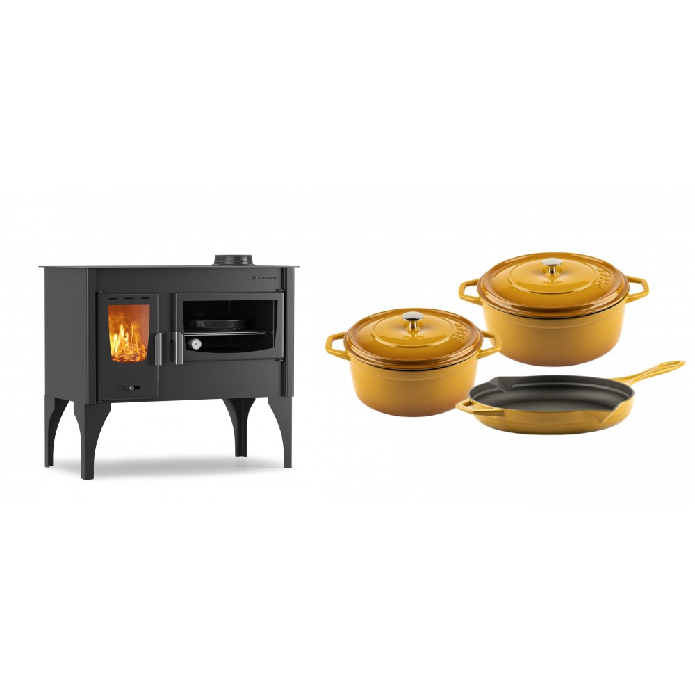 Set Küchenofen / Küchenhexe mit Backofen und Kochplatte Velmora Fire ATS ΜΑSΙΝΑ VERGINA, 10.2kW + Gusseisen Topf Set aus 3 teilen Solagio, Dijon