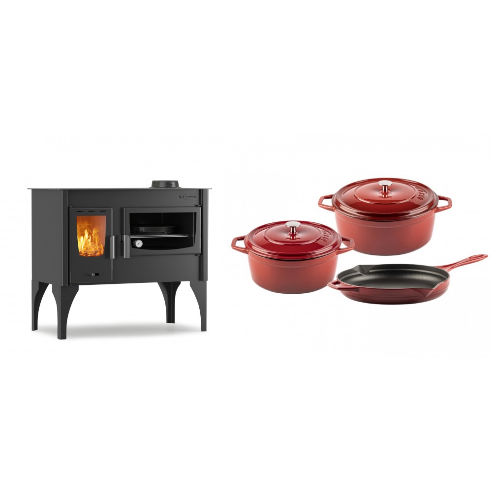 Set Küchenofen / Küchenhexe mit Backofen und Kochplatte Velmora Fire ATS ΜΑSΙΝΑ VERGINA, 10.2kW + Gusseisen Topf Set aus 3 teilen Solagio, Rubin | Holzofen | Kaminofen |