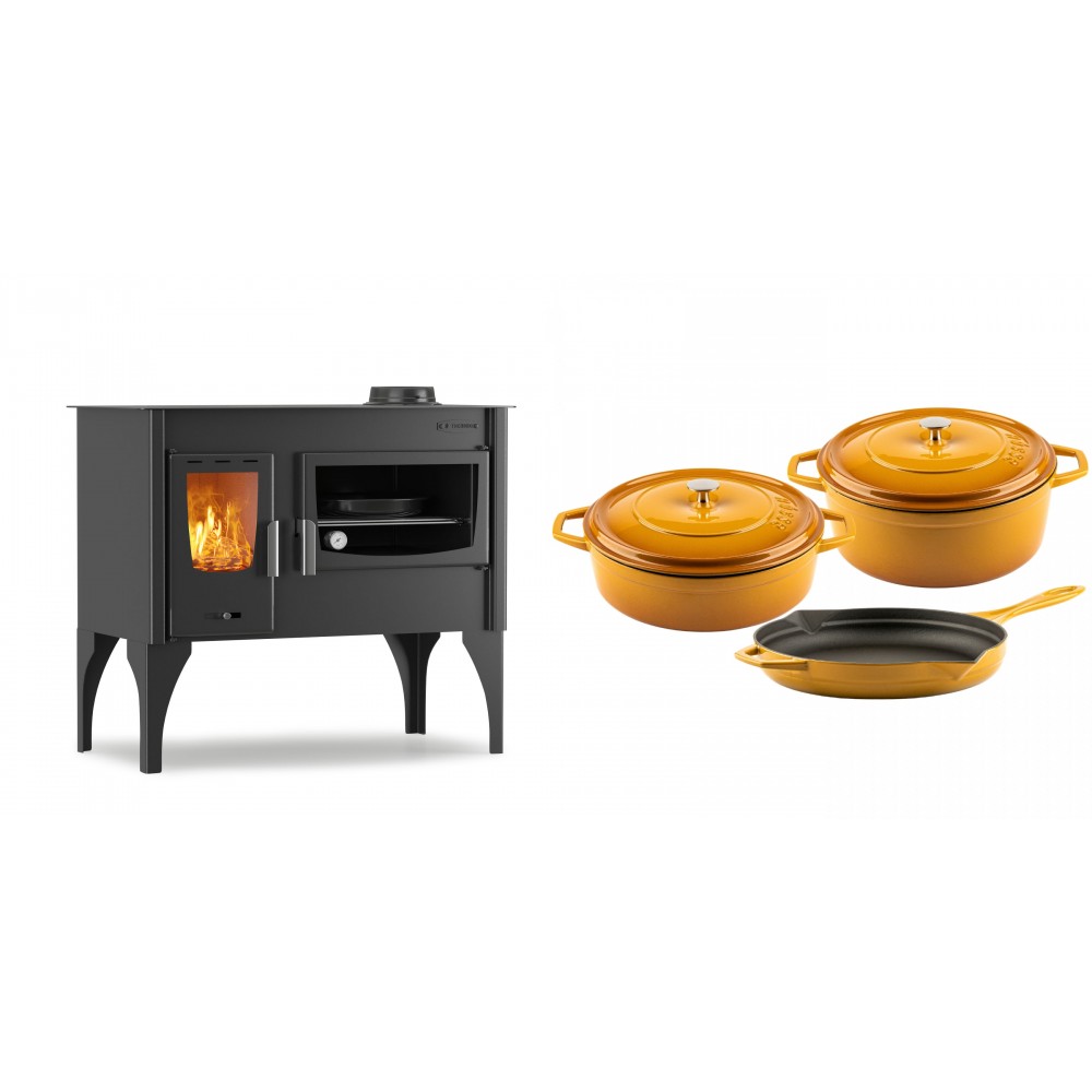 Set Küchenofen / Küchenhexe mit Backofen und Kochplatte Velmora Fire ATS ΜΑSΙΝΑ VERGINA, 10.2kW + Gusseisen Topf Set aus 3 teilen Solagio, Dijon