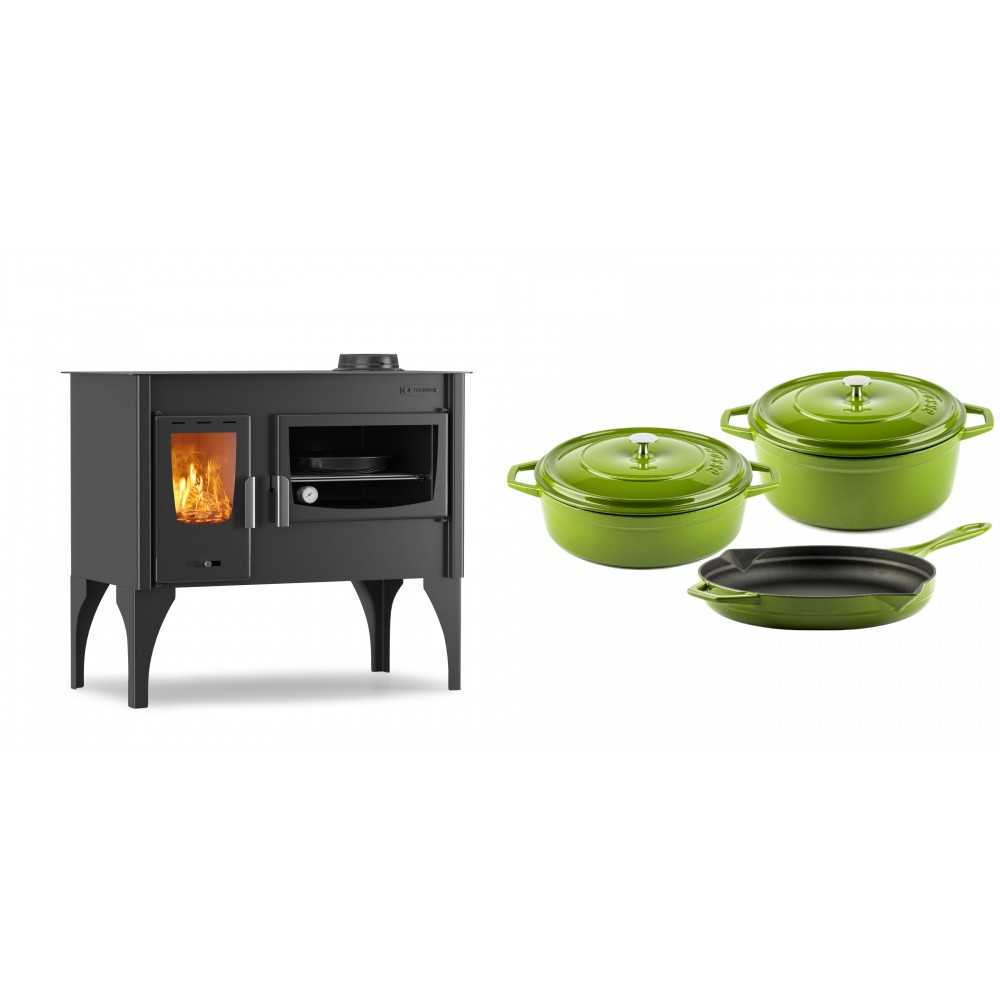 Set Küchenofen / Küchenhexe mit Backofen und Kochplatte Velmora Fire ATS ΜΑSΙΝΑ VERGINA, 10.2kW + Gusseisen Topf Set aus 3 teilen Solagio, Bamboo | Holzofen | Kaminofen |