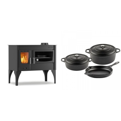 Set Küchenofen / Küchenhexe mit Backofen und Kochplatte Velmora Fire ATS ΜΑSΙΝΑ VERGINA, 10.2kW + Gusseisen Topf Set aus 3 teilen Solagio, Black Onyx - Kaminofen - Holzofen mit Backfach