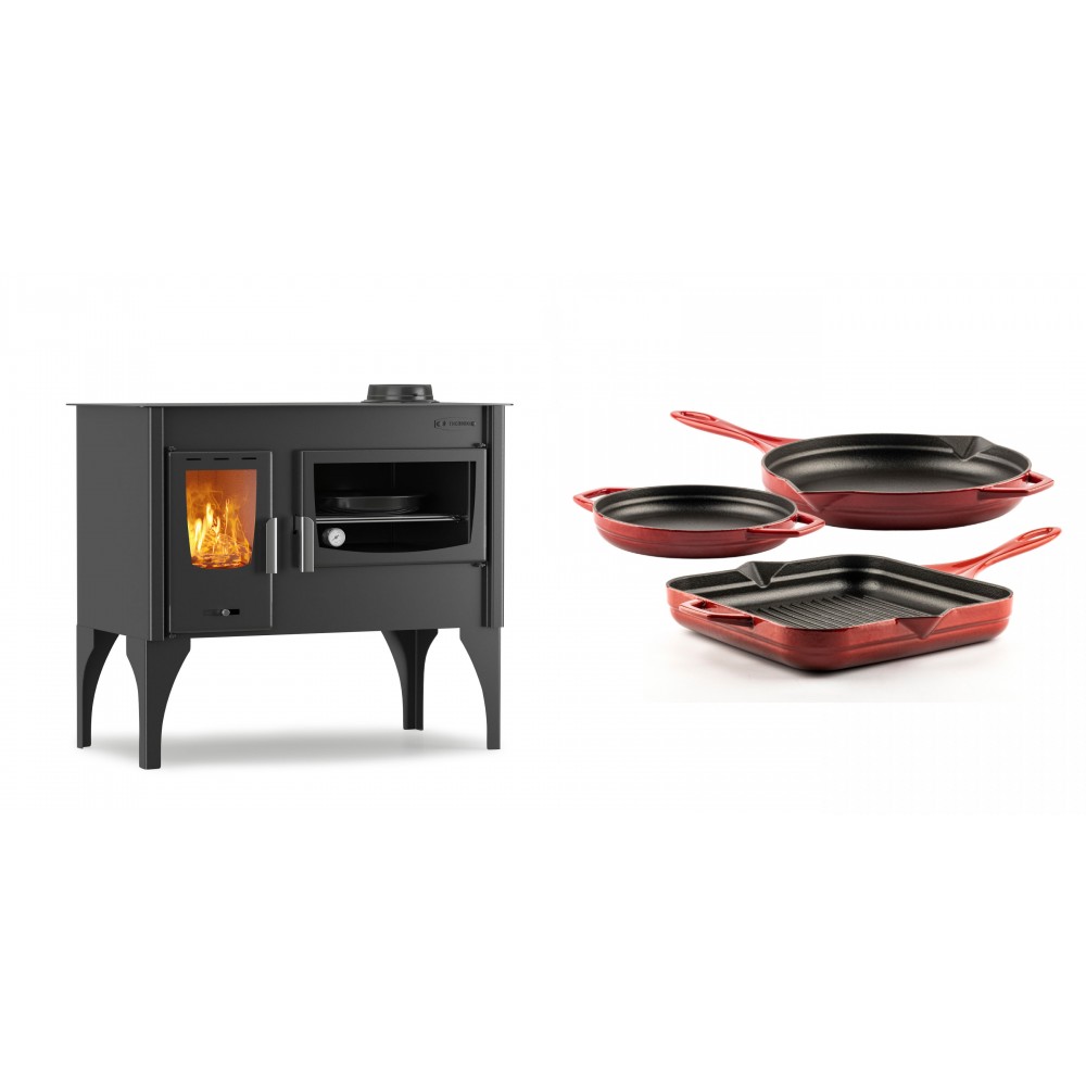 Set Küchenofen / Küchenhexe mit Backofen und Kochplatte Velmora Fire ATS ΜΑSΙΝΑ VERGINA, 10.2kW + Gusseisen Topf Set aus 3 teilen Solagio, Rubin | Holzofen | Kaminofen |