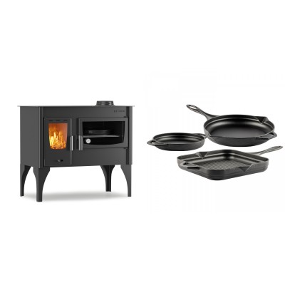 Set Küchenofen / Küchenhexe mit Backofen und Kochplatte Velmora Fire ATS ΜΑSΙΝΑ VERGINA, 10.2kW + Gusseisen Topf Set aus 3 teilen Solagio, Black Onyx - Kaminofen - Holzofen mit Backfach