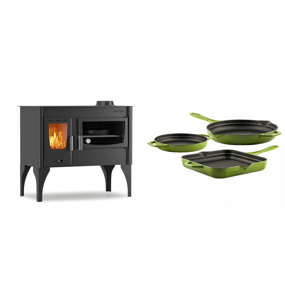 Set Küchenofen / Küchenhexe mit Backofen und Kochplatte Velmora Fire ATS ΜΑSΙΝΑ VERGINA, 10.2kW + Gusseisen Topf Set aus 3 teilen Solagio, Bamboo | Holzofen | Kaminofen |
