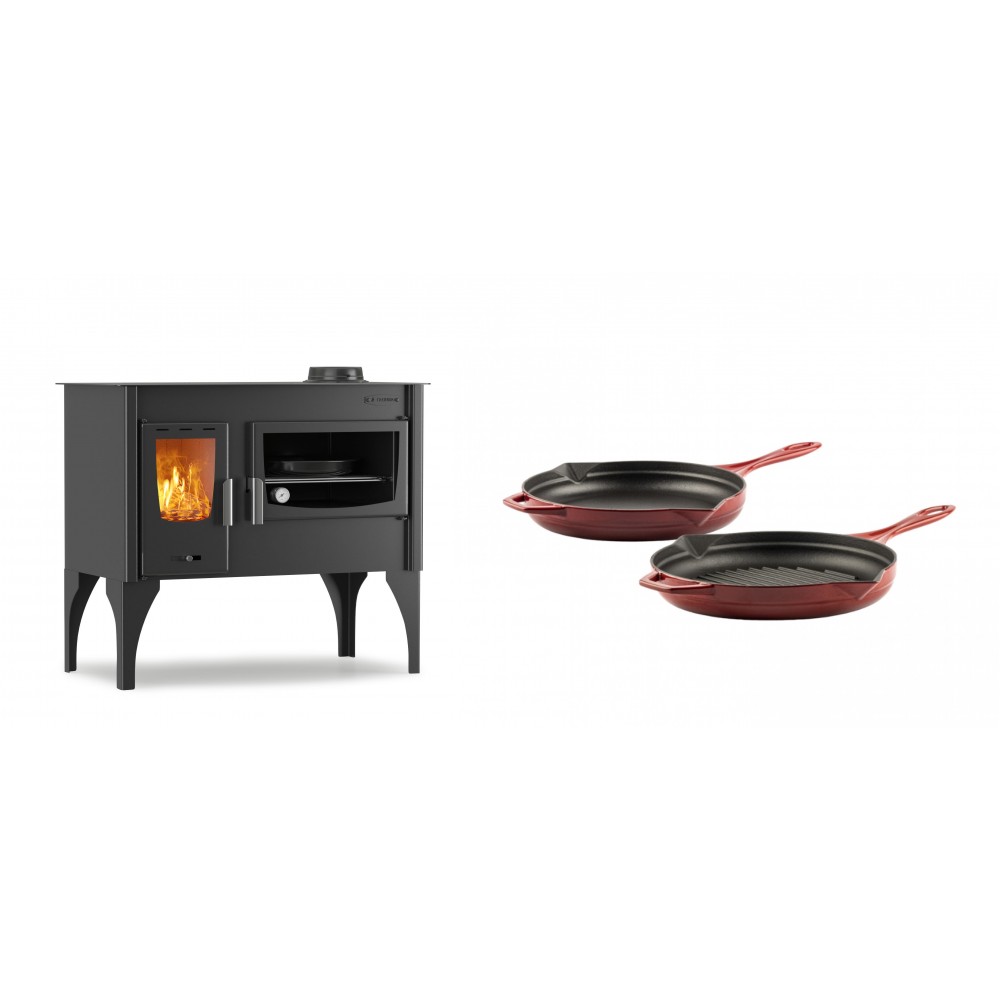 Set Küchenofen / Küchenhexe mit Backofen und Kochplatte Velmora Fire ATS ΜΑSΙΝΑ VERGINA, 10.2kW + Gusseisen Topf Set aus 2 teilen Solagio, Rubin
