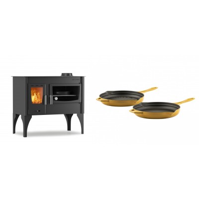 Set Küchenofen / Küchenhexe mit Backofen und Kochplatte Velmora Fire ATS ΜΑSΙΝΑ VERGINA, 10.2kW + Gusseisen Topf Set aus 2 teilen Solagio, Dijon - Kaminofen - Holzofen mit Backfach