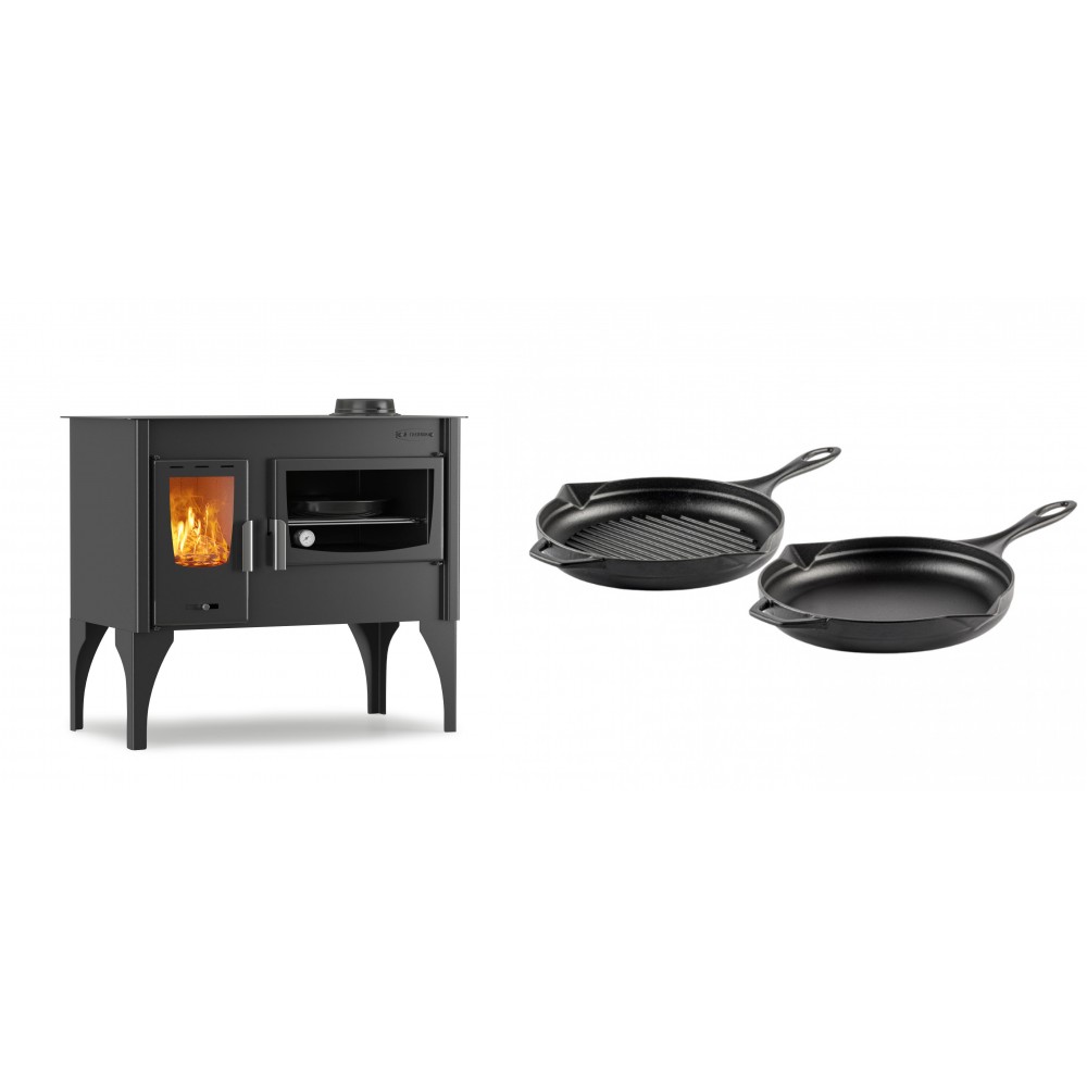 Set Küchenofen / Küchenhexe mit Backofen und Kochplatte Velmora Fire ATS ΜΑSΙΝΑ VERGINA, 10.2kW + Gusseisen Topf Set aus 2 teilen Solagio, Black Onyx | Holzofen | Kaminofen |