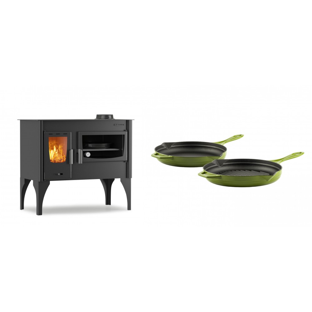 Set Küchenofen / Küchenhexe mit Backofen und Kochplatte Velmora Fire ATS ΜΑSΙΝΑ VERGINA, 10.2kW + Gusseisen Topf Set aus 2 teilen Solagio, Bamboo