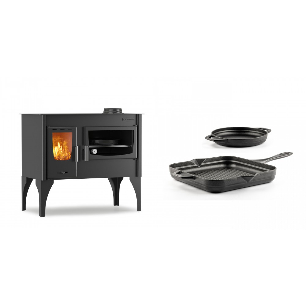 Set Küchenofen / Küchenhexe mit Backofen und Kochplatte Velmora Fire ATS ΜΑSΙΝΑ VERGINA, 10.2kW + Gusseisen Topf Set aus 2 teilen Solagio, Black Onyx | Holzofen | Kaminofen |