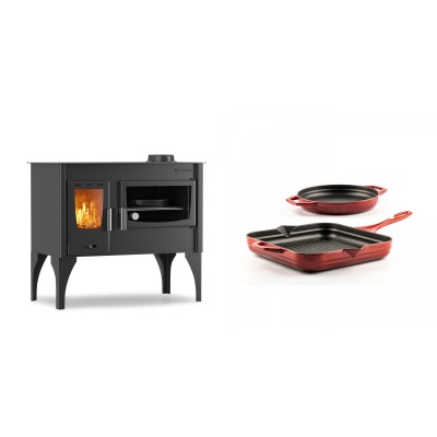 Set Küchenofen / Küchenhexe mit Backofen und Kochplatte Velmora Fire ATS ΜΑSΙΝΑ VERGINA, 10.2kW + Gusseisen Topf Set aus 2 teilen Solagio, Rubin - Kaminofen - Holzofen mit Backfach