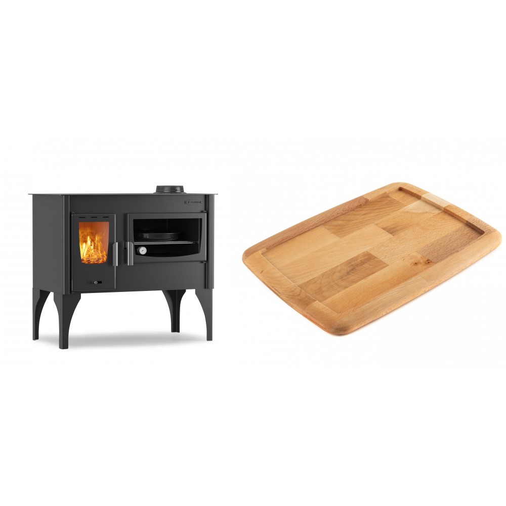 Set Küchenofen / Küchenhexe mit Backofen und Kochplatte Velmora Fire ATS ΜΑSΙΝΑ VERGINA, 10.2kW + Holz untersetzer für gusseisenplatte Solagio HSST2131