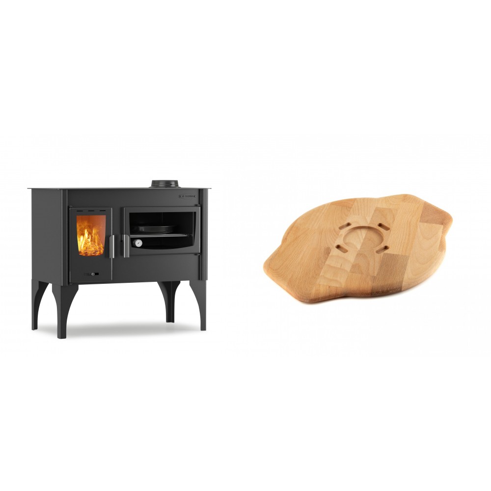Set Küchenofen / Küchenhexe mit Backofen und Kochplatte Velmora Fire ATS ΜΑSΙΝΑ VERGINA, 10.2kW + Holz untersetzer für Gusseisenplatte Solagio HSYSAK28 | Holzofen | Kaminofen |