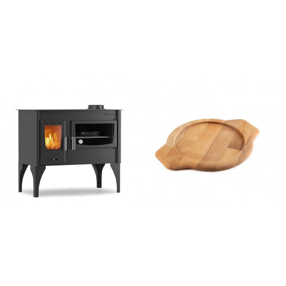 Set Küchenofen / Küchenhexe mit Backofen und Kochplatte Velmora Fire ATS ΜΑSΙΝΑ VERGINA, 10.2kW + Holz untersetzer für gusseisenschüssel Solagio HSYKTV22