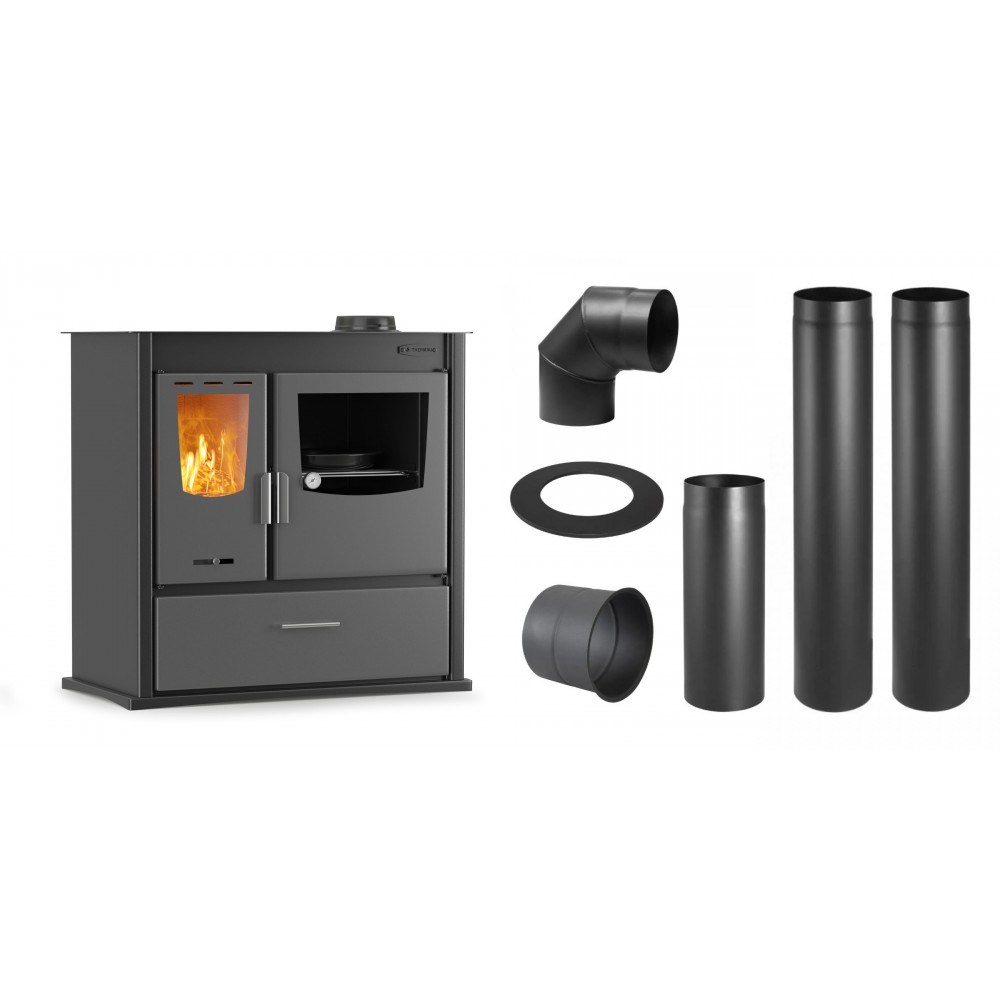Set Küchenofen / Küchenhexe mit Backofen und Kochplatte Velmora Fire ATS ΜΑSΙΝΑ PLUS 900, 12.15kW + Schornstein Bausatz PARKANEX, Stahl Ø150, Dicke 2mm | Holzofen | Kaminofen |
