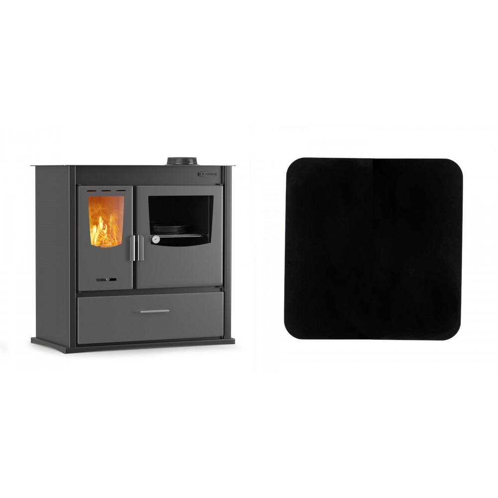 Set Küchenofen / Küchenhexe mit Backofen und Kochplatte Velmora Fire ATS ΜΑSΙΝΑ PLUS 900, 12.15kW + Funkenschutzplatte Stahl 2mm, Größe 98x98cm