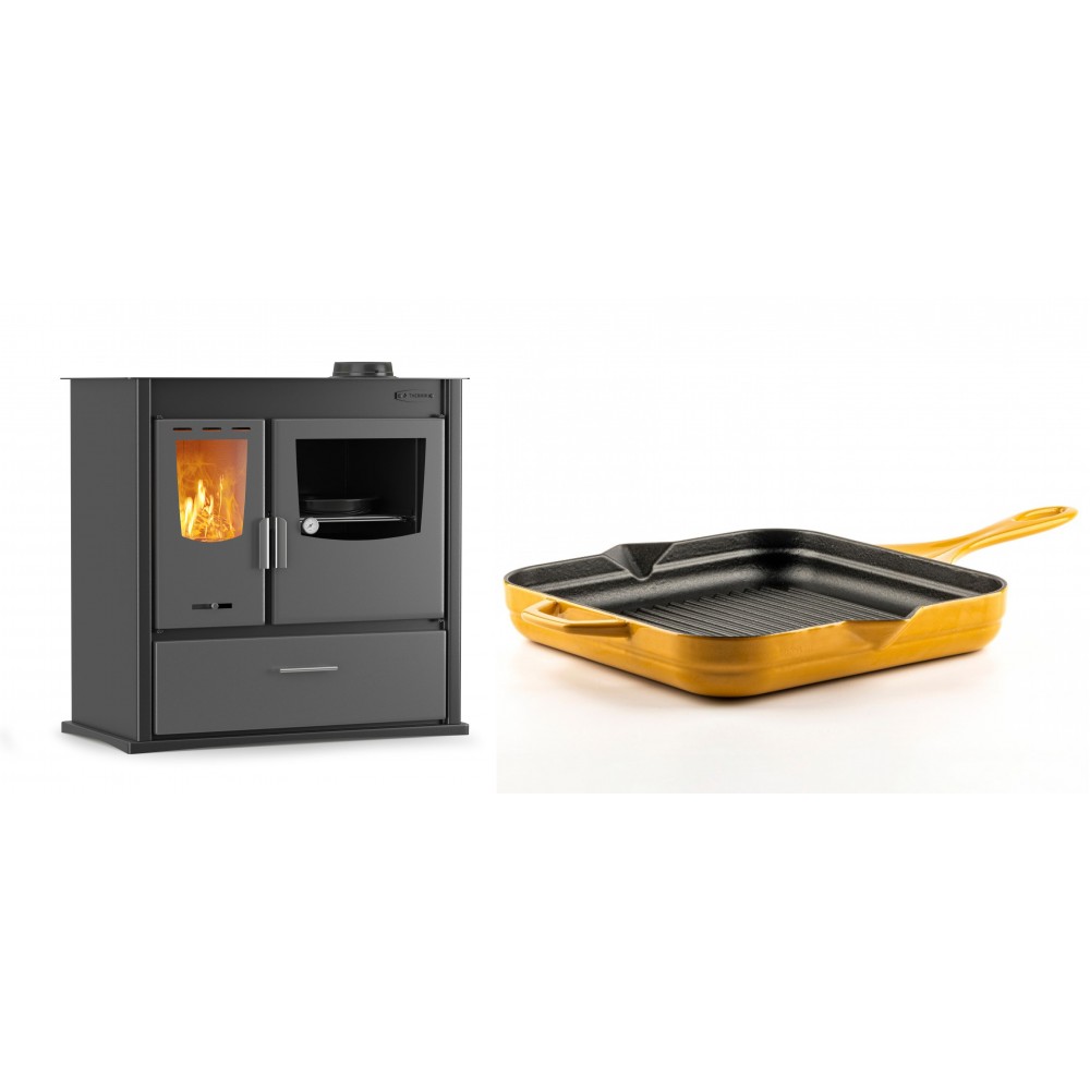 Set Küchenofen / Küchenhexe mit Backofen und Kochplatte Velmora Fire ATS ΜΑSΙΝΑ PLUS 900, 12.15kW + Emaillierte grillpfanne Gusseisen Solagio, Dijon, 28х28cm | Holzofen | Kaminofen |