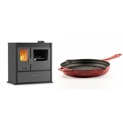 Set Küchenofen / Küchenhexe mit Backofen und Kochplatte Velmora Fire ATS ΜΑSΙΝΑ PLUS 900, 12.15kW + Emaillierte grillpfanne Gusseisen Solagio, Rubin, Ф28cm - Kaminofen - Holzofen mit Backfach