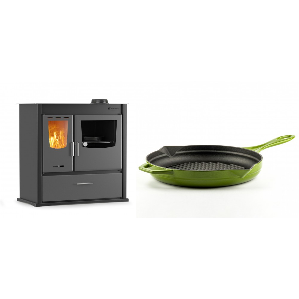 Set Küchenofen / Küchenhexe mit Backofen und Kochplatte Velmora Fire ATS ΜΑSΙΝΑ PLUS 900, 12.15kW + Emaillierte grillpfanne Gusseisen Solagio, Bamboo, Ф28cm