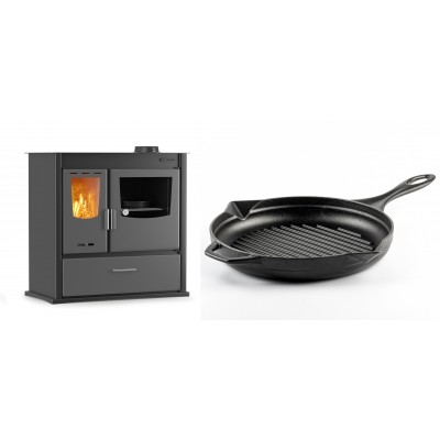 Set Küchenofen / Küchenhexe mit Backofen und Kochplatte Velmora Fire ATS ΜΑSΙΝΑ PLUS 900, 12.15kW + Emaillierte grillpfanne Gusseisen Solagio, Black Onyx, Ф28cm - Kaminofen - Holzofen mit Backfach